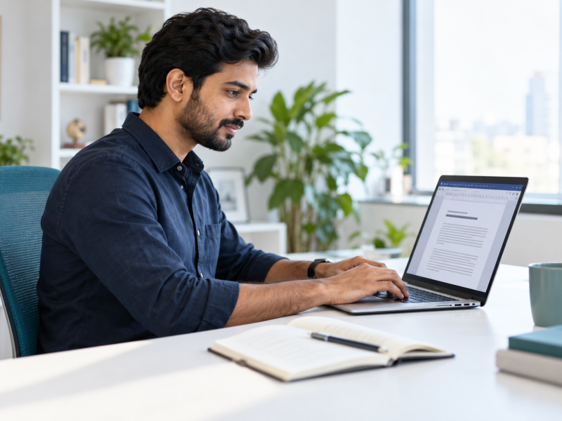 Focused writer crafting an article